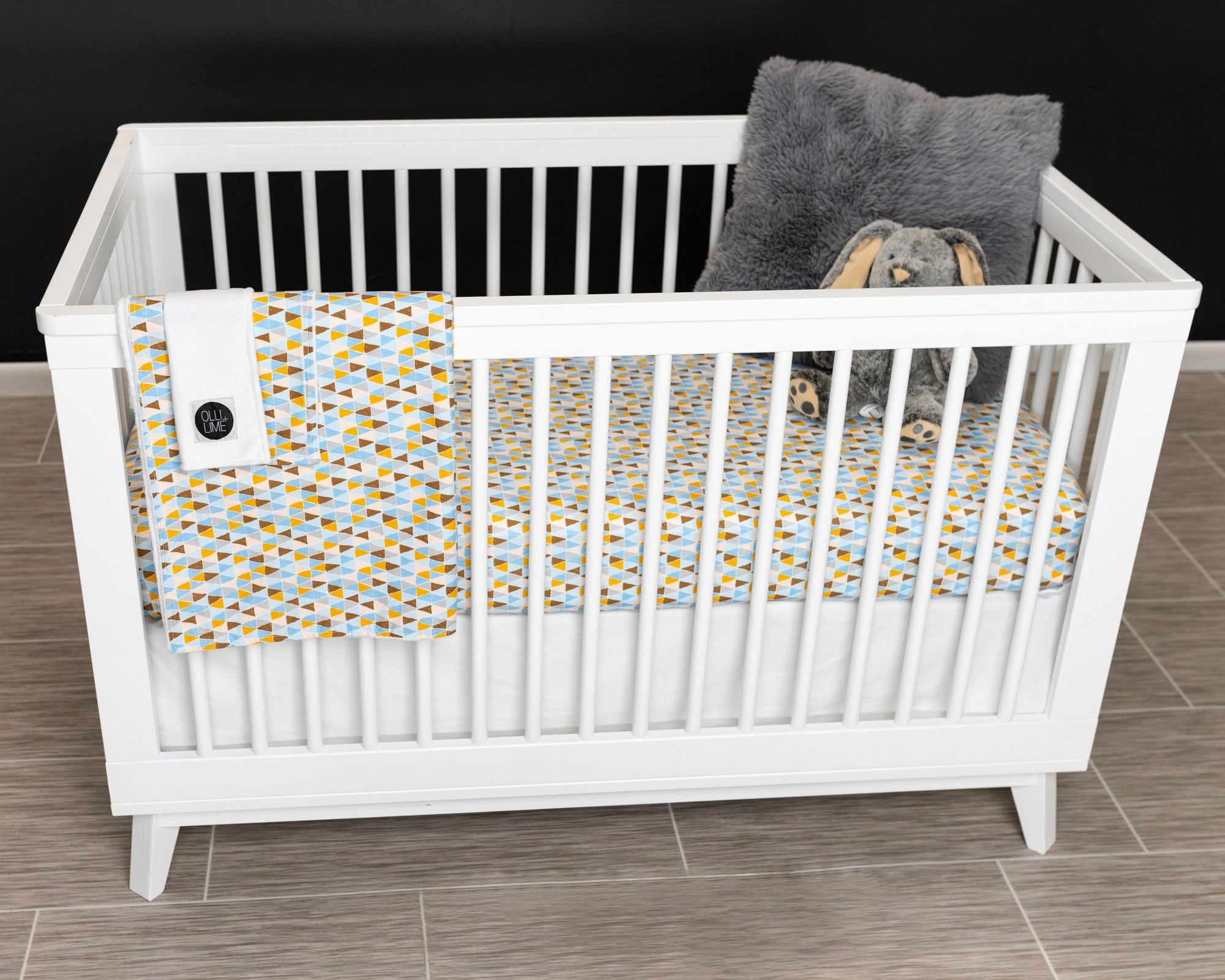 Blue Banners Marching - Deluxe Nursery Bedding Set - Blue/Topaz/Umber Triangles - Olli+Lime
